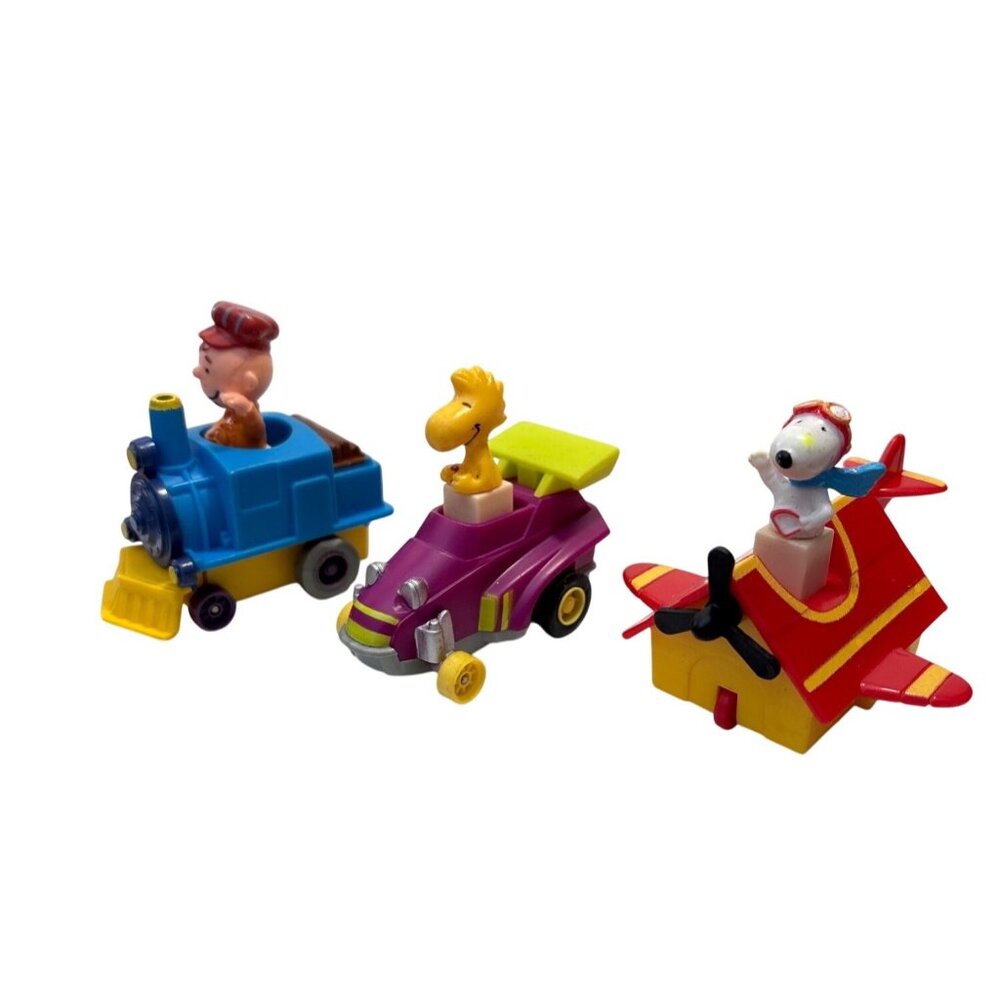 Set of 3 Peanuts Snoopy McDonalds Happy Meal Toy Cars Set Press Down & Go 1989
